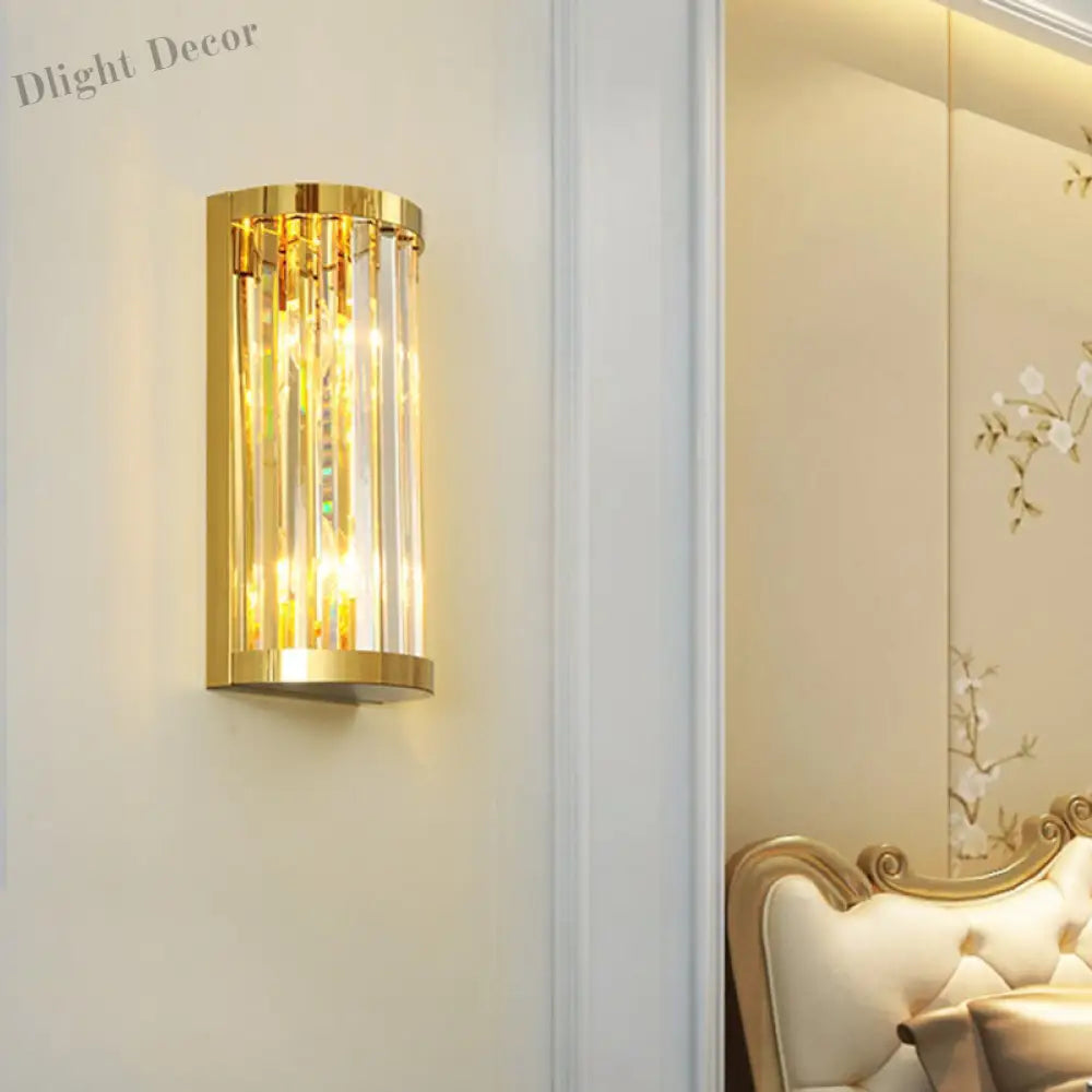 Sophia’s Modern Gold Crystal Sconce: Half Cylinder Elegance