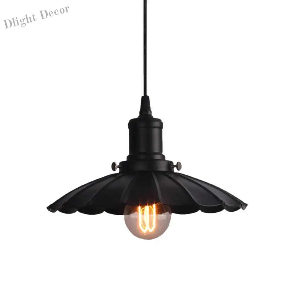 Vintage Industrial Hanging Lamp Black Scalloped Metal Indoor Ceiling Light Fixture 1 - Bulb