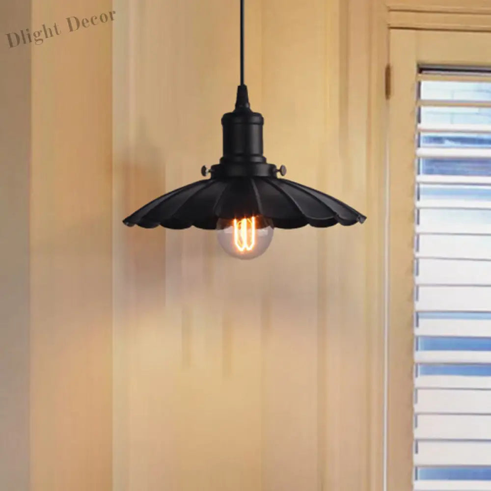 Vintage Industrial Hanging Lamp Black Scalloped Metal Indoor Ceiling Light Fixture 1 - Bulb