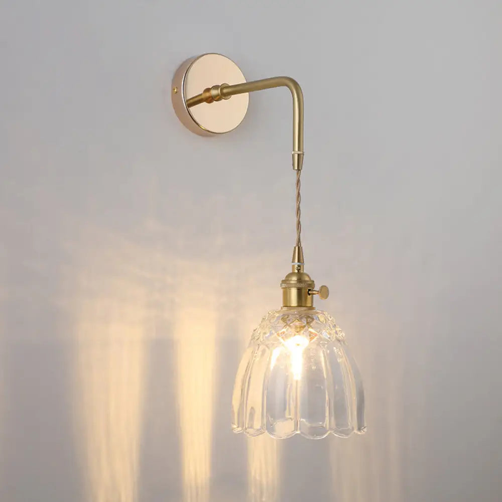 Vintage Single - Bulb Bedside Wall Mounted Lamp In Gold - Shaded Glass Light Fixture / E Wall Lamp