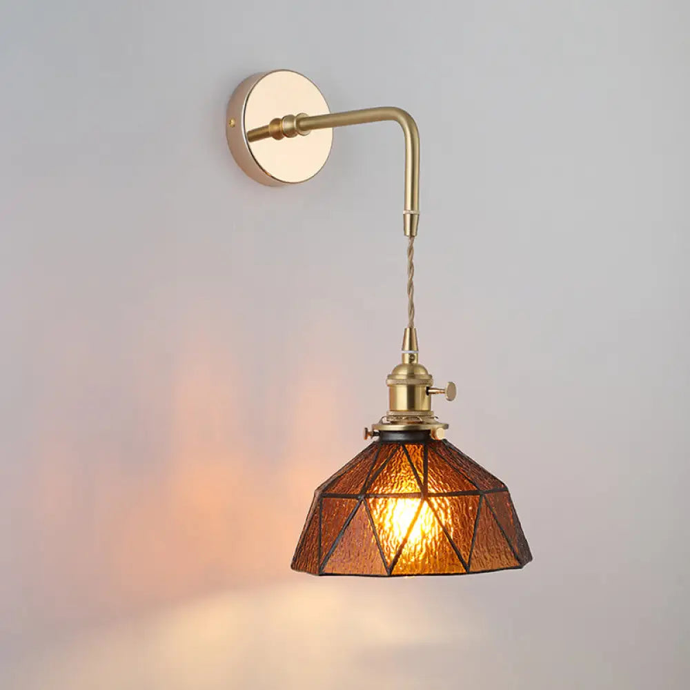 Vintage Single - Bulb Bedside Wall Mounted Lamp In Gold - Shaded Glass Light Fixture / L Wall Lamp