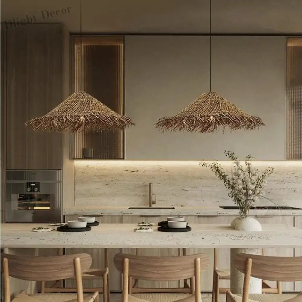 Wabi Sabi E27 Led Pendant Lights - Rattan Hanging Lamp For Dining Room Elegance